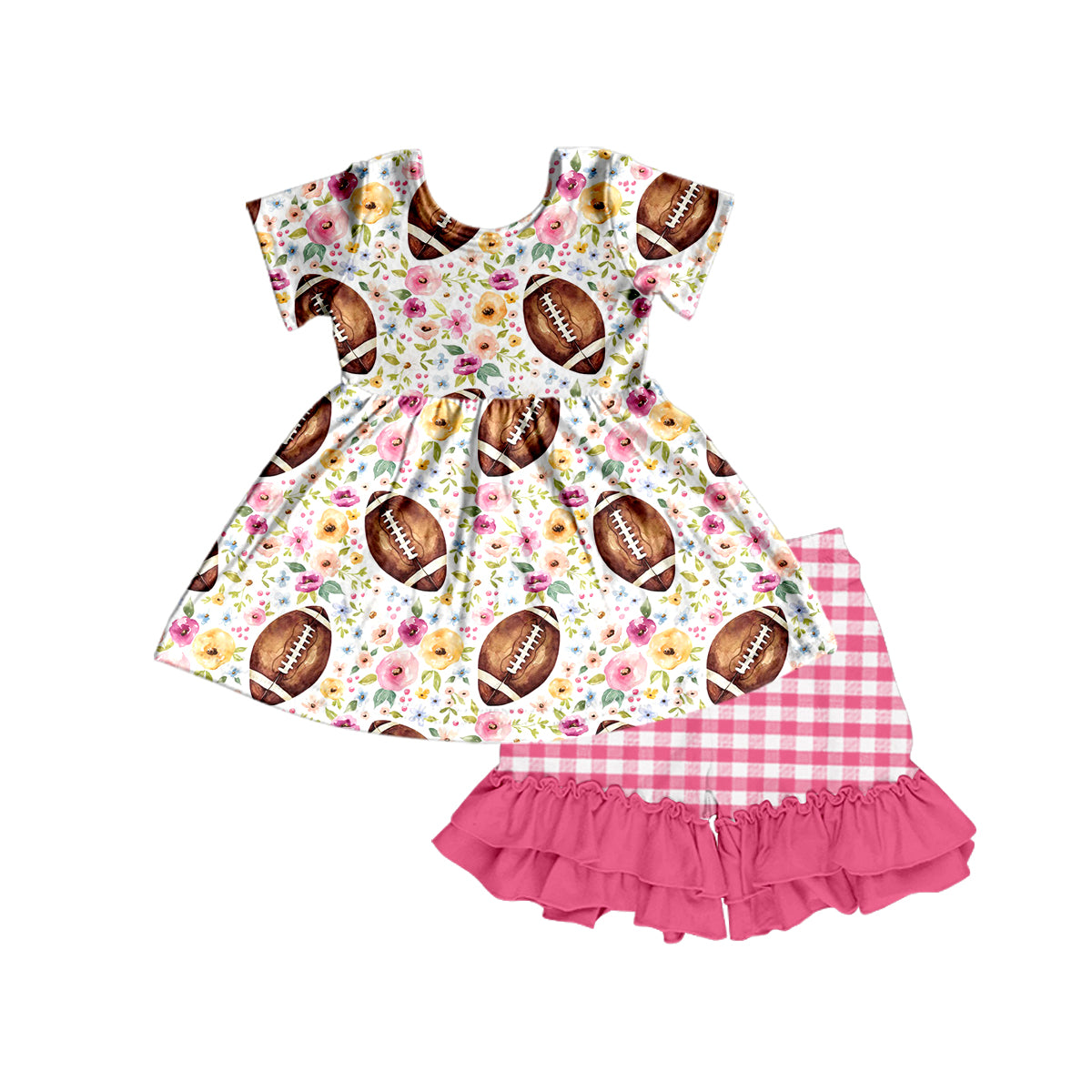 Girls flower short sleeve grid shorts suit