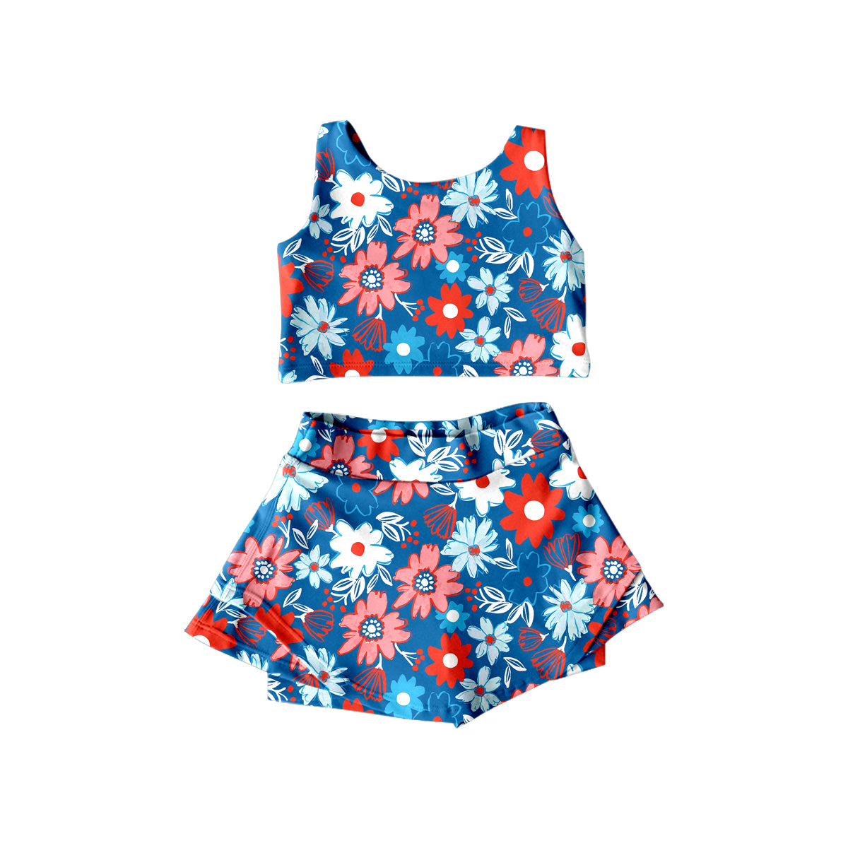 flower blue sleeveless culottes suit