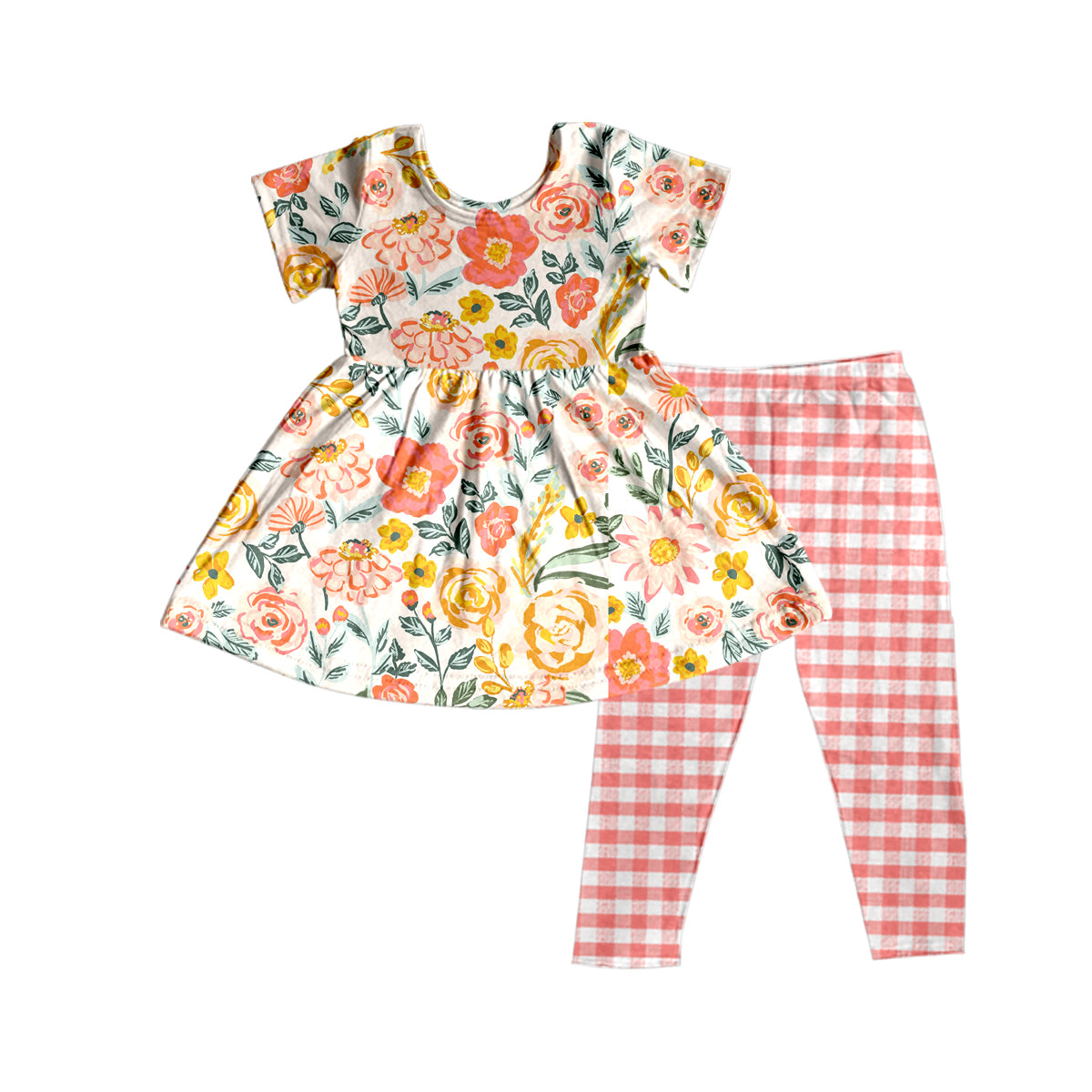 Girls flower short sleeve pink grid pants suit