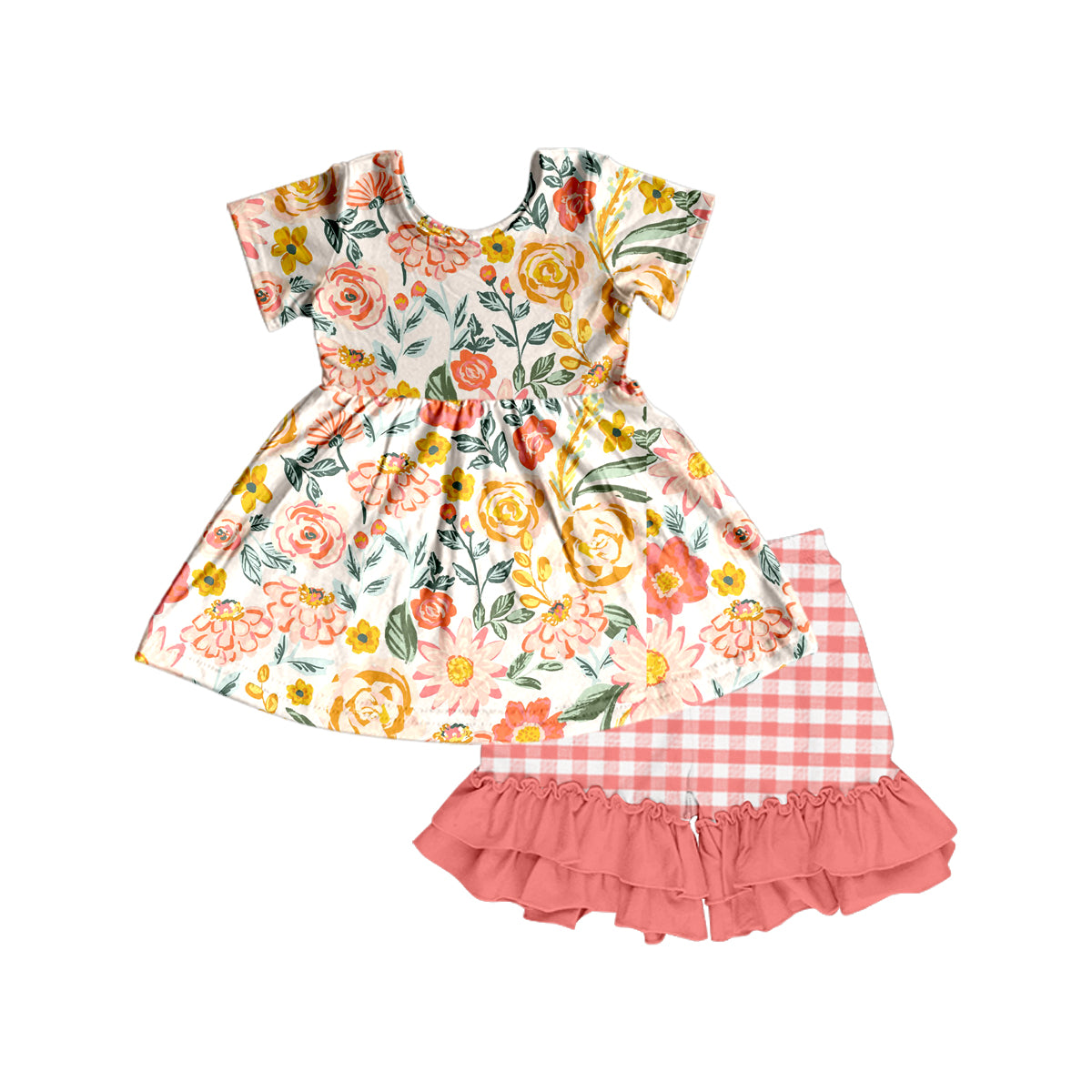 Girls flower short sleeve pink grid shorts suit