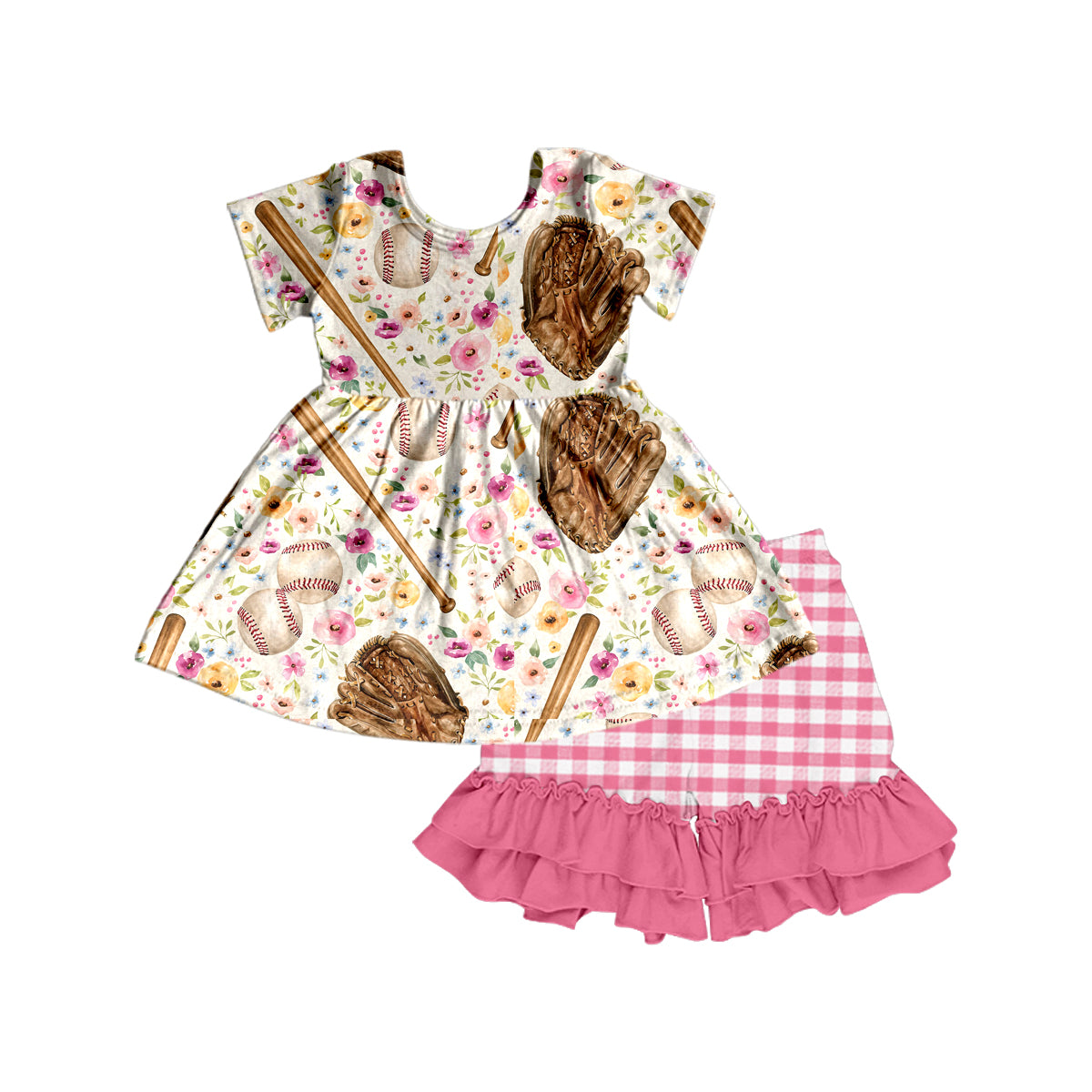 Girls flower short sleeve grid shorts suit