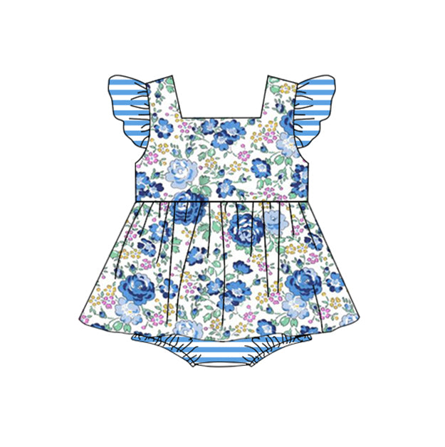 girls blue flower flying sleeve briefs suit