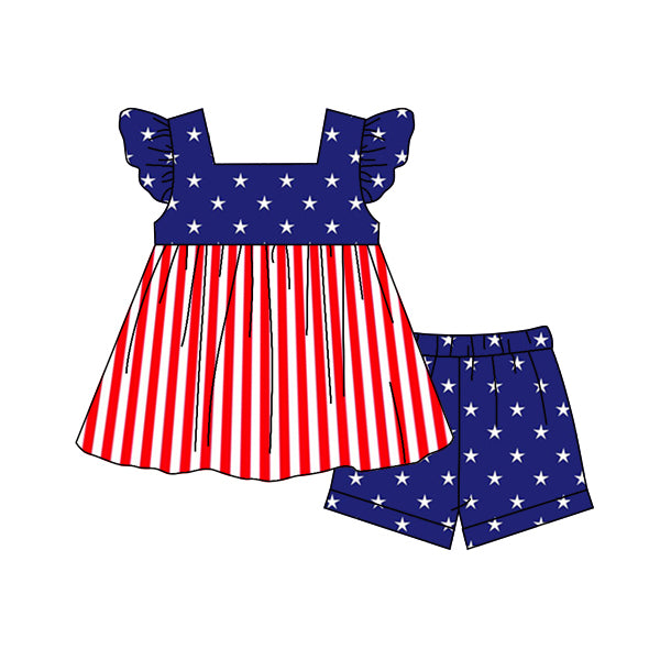 baby girls clothes 4th of July fly sleeve stars navy blue shorts summer outfits