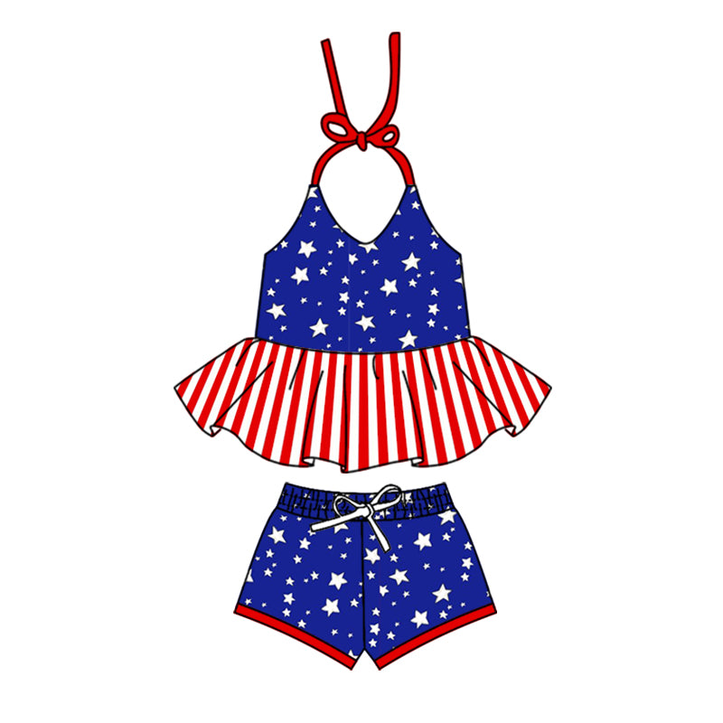 baby girls clothes 4th of July stars Halter neck blue shorts summer outfits