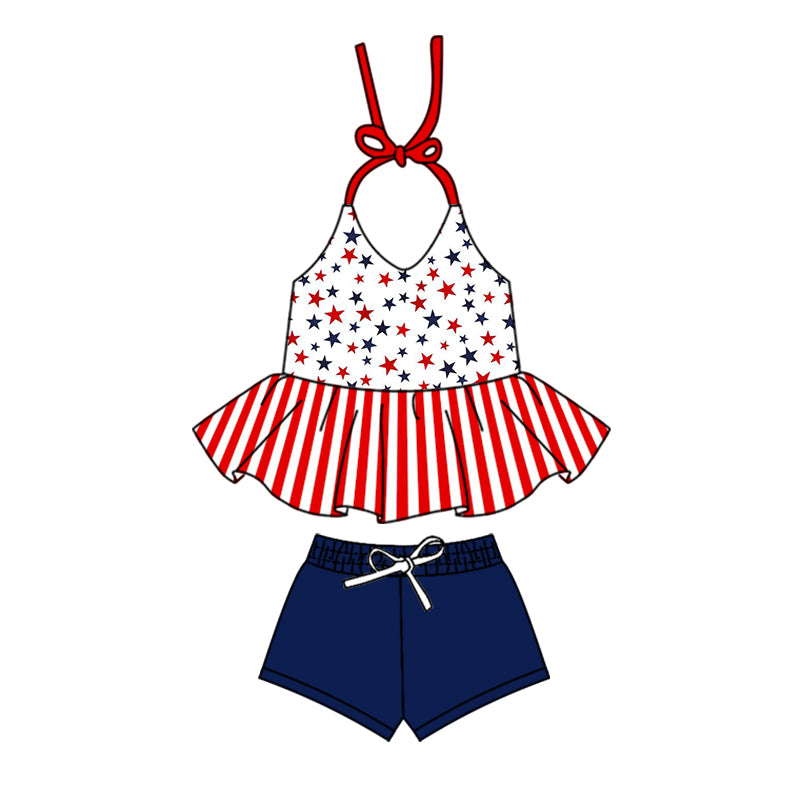 baby girls clothes 4th of July stars white Halter neck navy blue shorts summer outfits