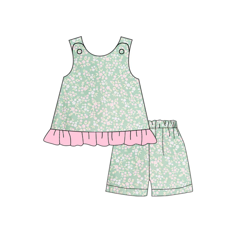 Deadline: May 16 custom no moq eta 5-6weeksSummer green flower short-sleeved shorts suit