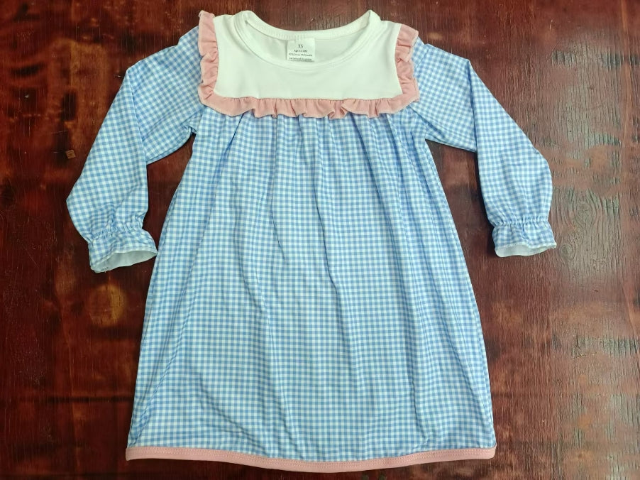 Custom moq 3 eta 6-7weeks Orange Pink Square Neck-Blue Small Plaid Long Sleeve Dress