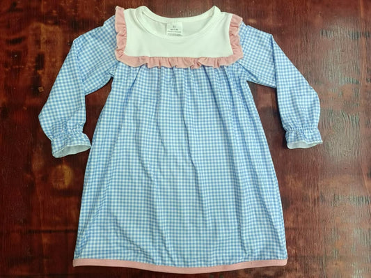Custom moq 3 eta 6-7weeks Orange Pink Square Neck-Blue Small Plaid Long Sleeve Dress