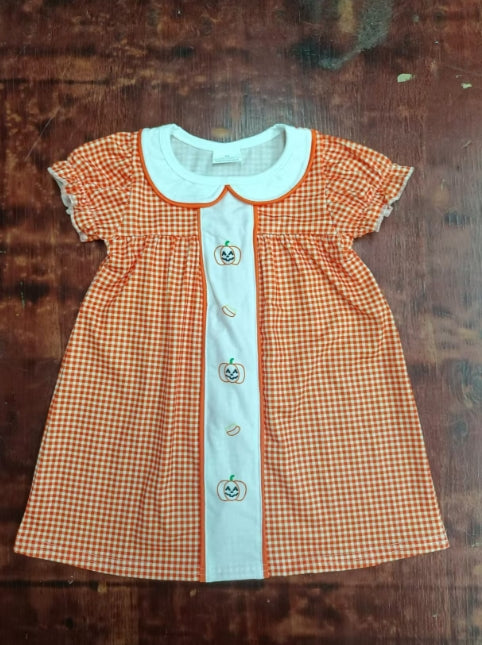 Custom moq 3 eta 6-7weeks  Orange Pumpkin Pattern-Small Plaid Doll Collar Short Sleeve Dress