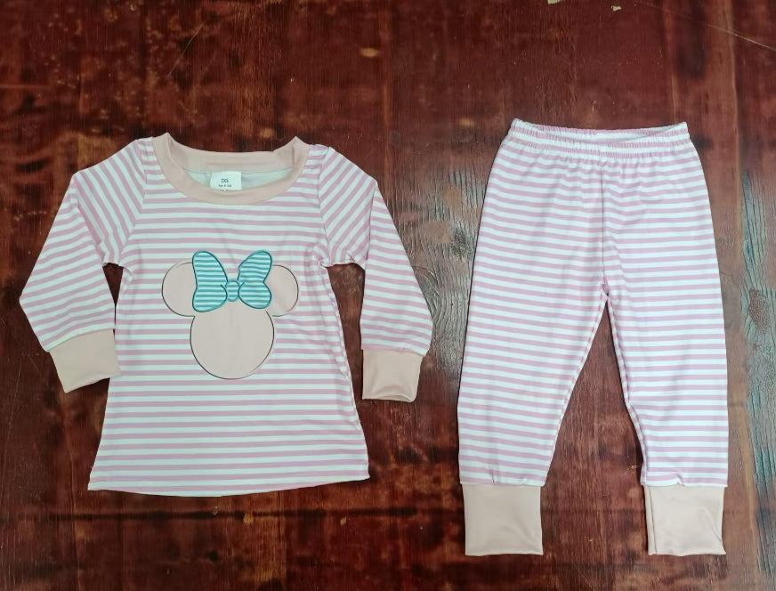 Custom moq 3 eta 6-7weeks  Green striped bow decoration-pink striped long-sleeved suit