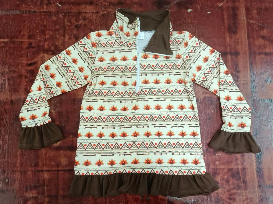 Custom moq 3 eta 6-7weeks Turkey Triangle Stripe Brown Lace Cuff Zipper Stand Collar Top