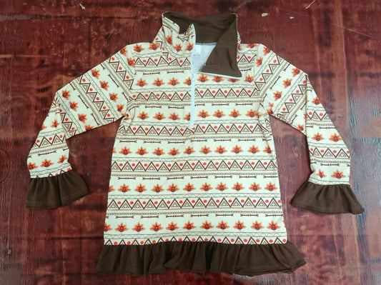 Custom moq 3 eta 6-7weeks Turkey Triangle Stripe Brown Lace Cuff Zipper Stand Collar Top