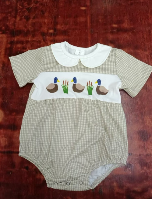 Custom moq 3 eta 6-7weeks  Duck and Rice Pattern Baby Collar Light Brown Plaid Short Sleeve Climbing Suit