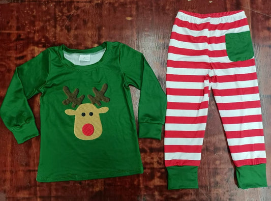 Custom moq 3 eta 6-7weeks Embroidered cute elk green long-sleeved top and red striped trousers set