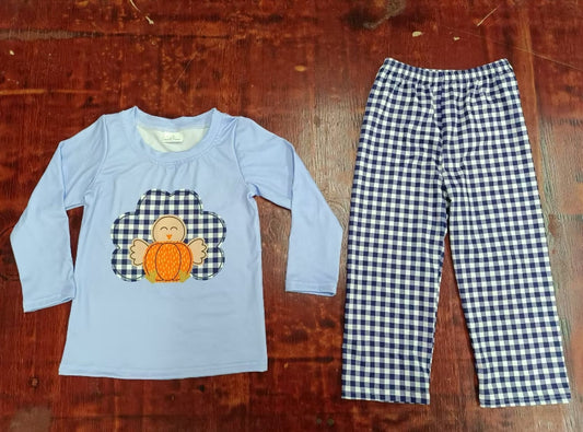 Custom moq 3 eta 6-7weeks Embroidered Turkey-Pumpkin Pattern Sky Blue Long Sleeve Top-Black and White Plaid Trousers Set