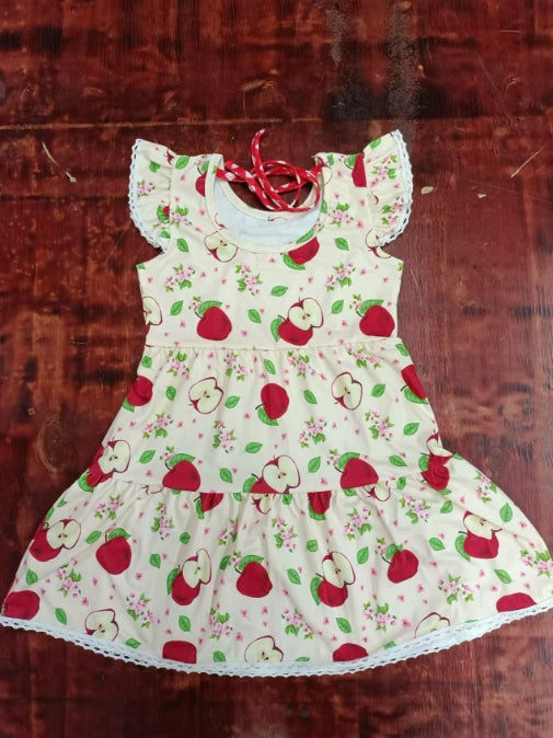 Custom moq 3 eta 6-7weeks  Red Apple-Leaf-Flower Beige Fly Sleeve Dress
