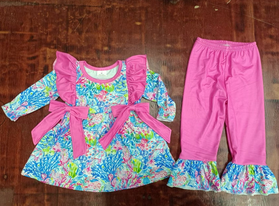 Custom moq 3 eta 6-7weeks Rose pink flying sleeves bow decoration blue coral print long sleeve suit
