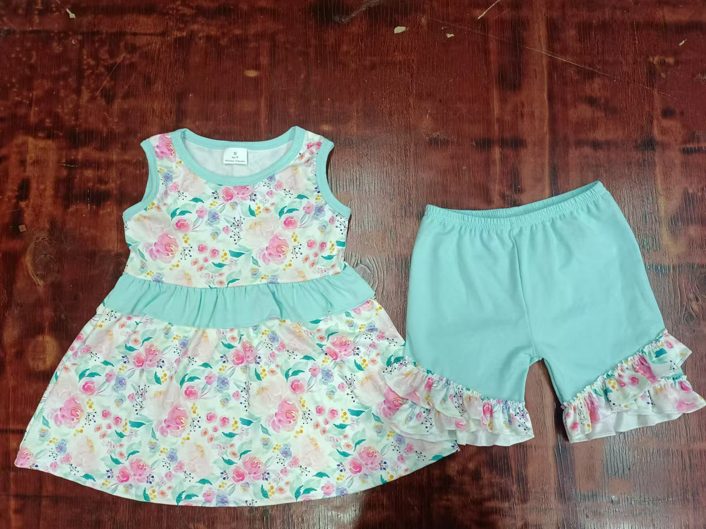 Custom moq 3 eta 6-7weeks Pink floral print mint green sleeveless top and shorts set