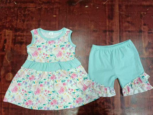 Custom moq 3 eta 6-7weeks Pink floral print mint green sleeveless top and shorts set