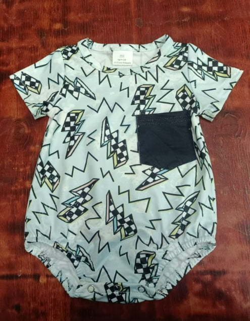 Custom moq 3 eta 6-7weeks Light green short-sleeved short-sleeved romper with black and white plaid lightning pattern