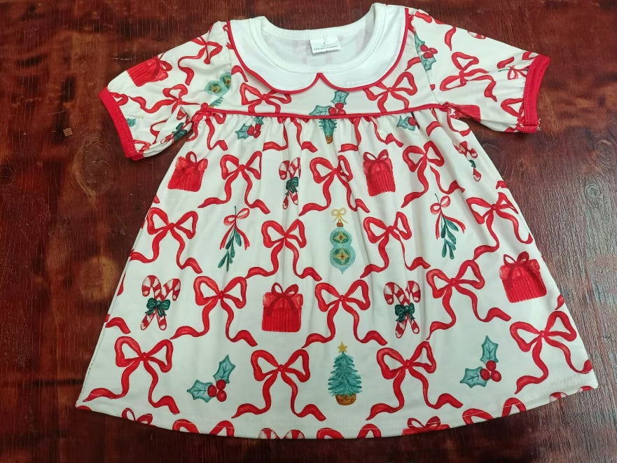 Custom moq 3 eta 6-7weeks Red bow print short-sleeved dress with baby collar