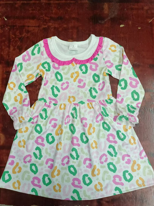 Custom moq 3 eta 6-7weeks Pink-Green-Yellow Leopard Print Baby Collar Long Sleeve Dress