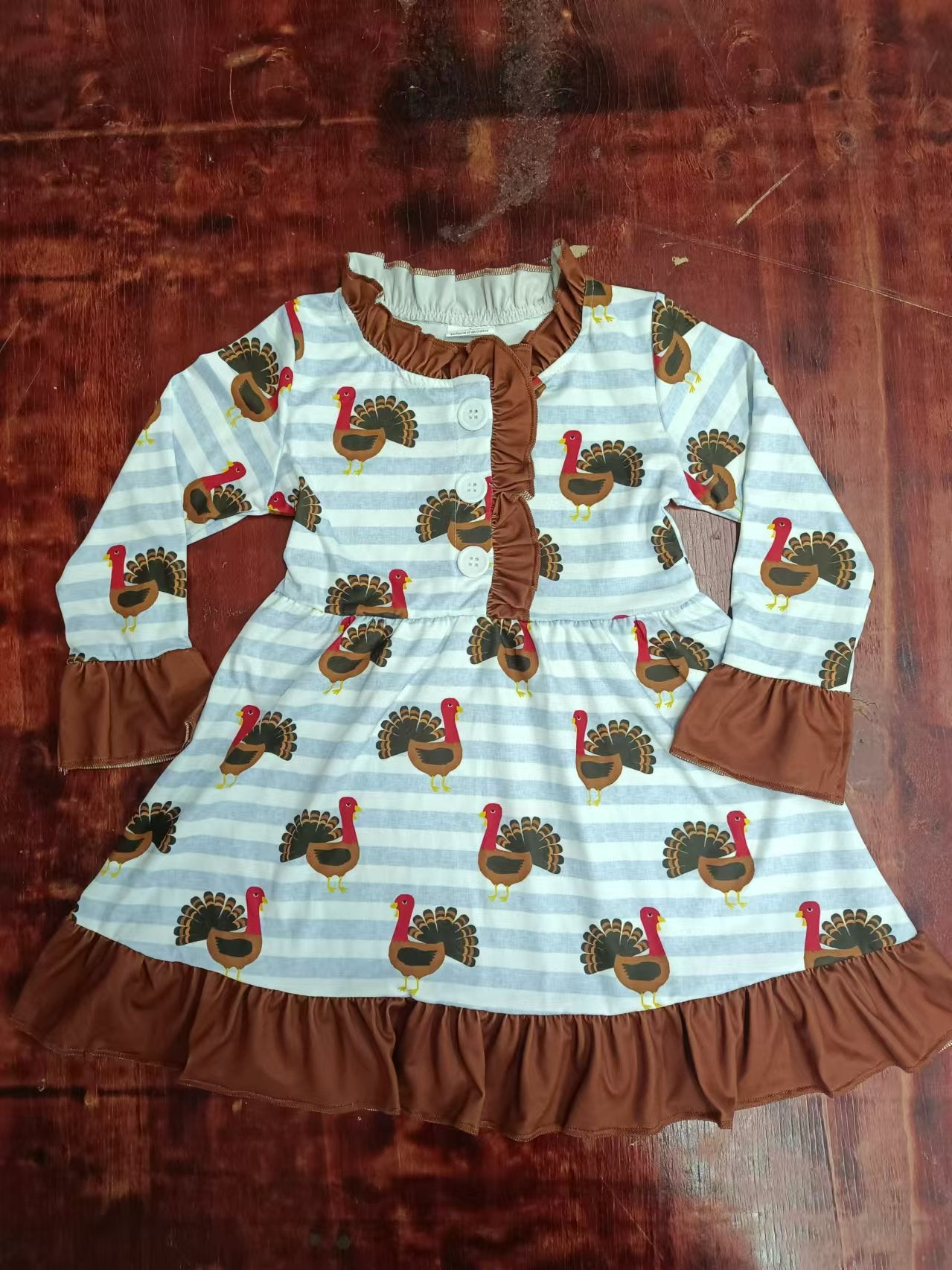 Custom moq 3 eta 6-7weeks Brown Turkey Pattern Light Purple Striped Button Long Sleeve Dress
