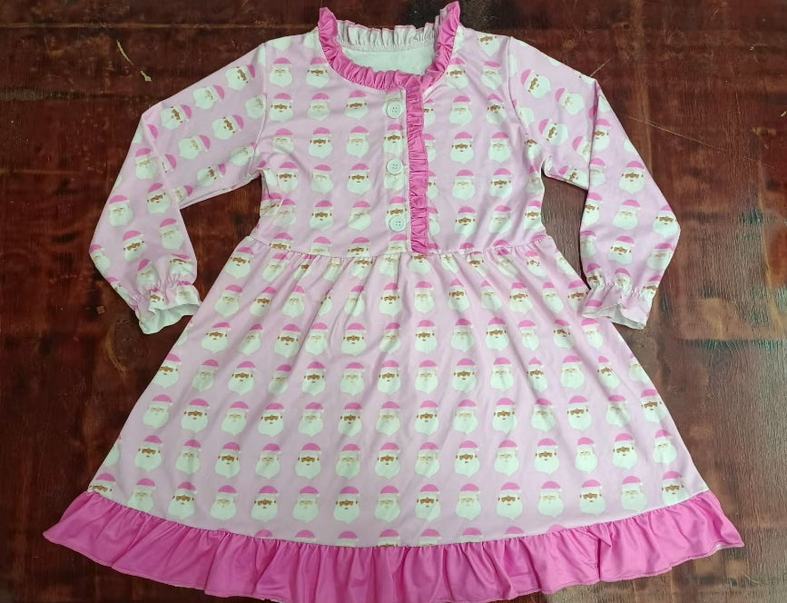 Custom moq 3 eta 6-7weeks Pink Santa Claus Print Button-Down Ruffled Neck Long Sleeve Dress