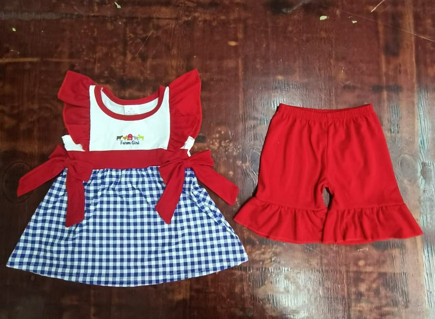 Custom moq 3 eta 6-7weeks Red bow flying sleeve top and shorts set