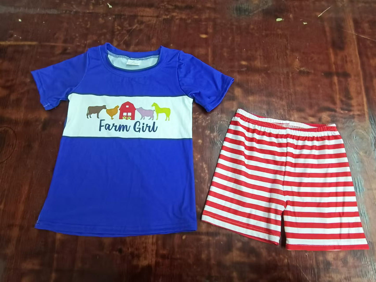 Custom moq 3 eta 6-7weeks Animal House Print Blue Short Sleeve Top and Red Striped Pants Set
