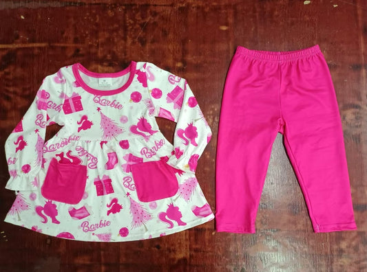 Custom moq 3 eta 6-7weeks Rose Pink Ponytail Girl-Christmas Tree Pattern Pocket Long Sleeve Suit