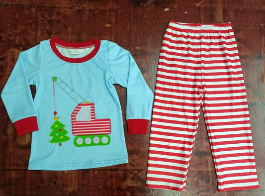 Custom moq 3 eta 6-7weeks Sky blue long-sleeved top with striped crane print and hanging Christmas tree & red striped trousers set