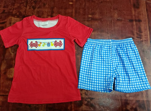 Custom moq 3 eta 6-7weeks  Red Crab Print Short Sleeve Top & Sky Blue Plaid Shorts Set