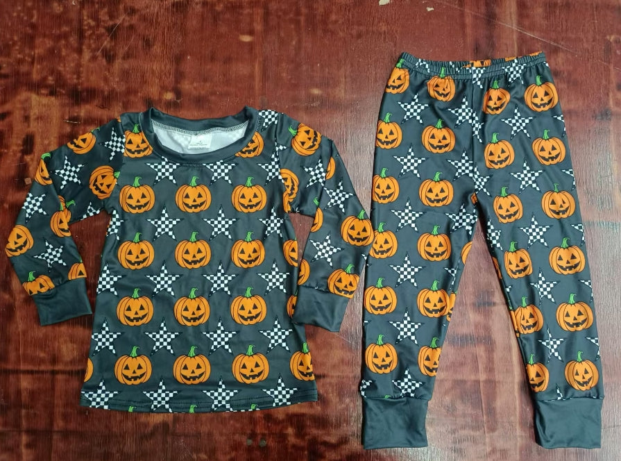 Custom moq 3 eta 6-7weeks Black and white plaid five-pointed star-smiley pumpkin pattern dark gray long-sleeved suit