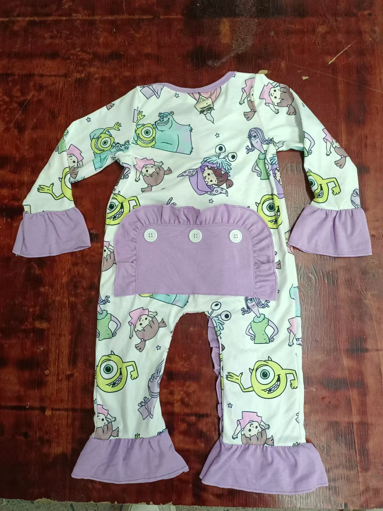 Custom moq 3 eta 6-7weeks Purple long romper with monsters and little girls