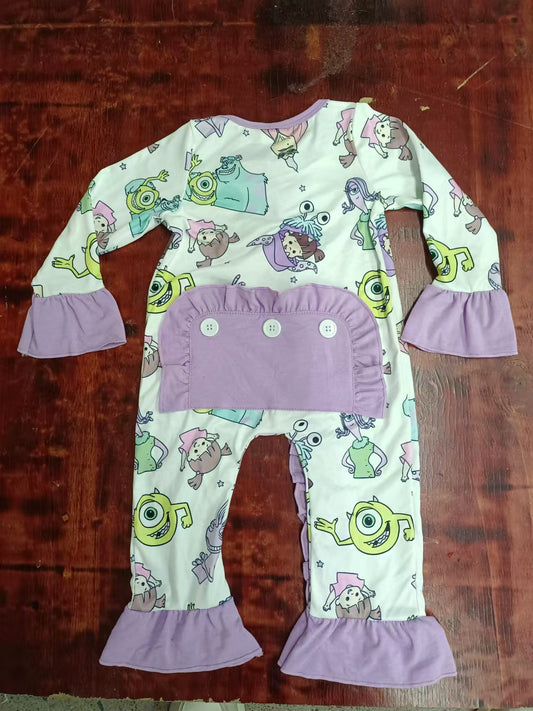 Custom moq 3 eta 6-7weeks Purple long romper with monsters and little girls