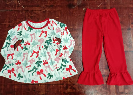 Custom moq 3 eta 6-7weeks Red and green bow print white long-sleeved top - red trousers set
