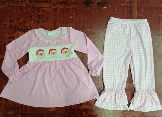 Custom moq 3 eta 6-7weeks  Pink pleated neckline long-sleeved suit with Santa Claus print