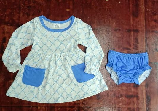 Custom moq 3 eta 6-7weeks Sky Blue Diamond Check Pocket Long Sleeve Thong Set