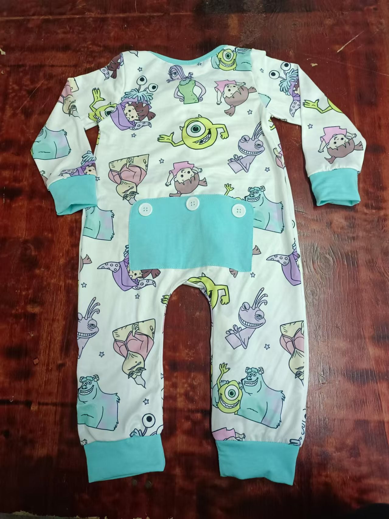 Custom moq 3 eta 6-7weeks Blue long romper with monsters and little girls