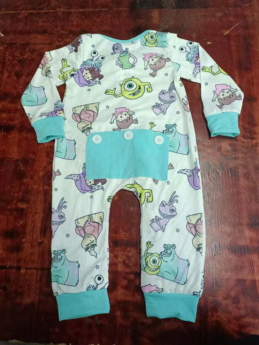 Custom moq 3 eta 6-7weeks Blue long romper with monsters and little girls