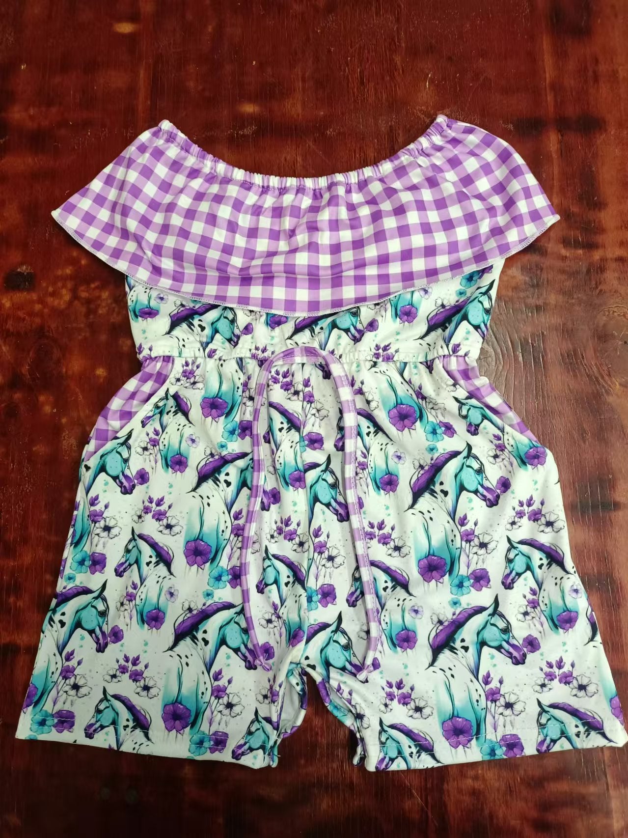 Custom moq 3 eta 6-7weeks Purple flower-horse pattern one-shoulder waist drawstring short romper