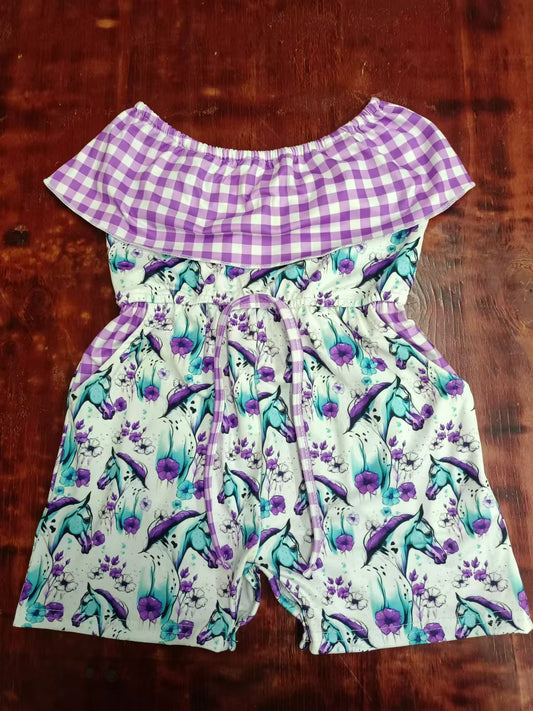 Custom moq 3 eta 6-7weeks Purple flower-horse pattern one-shoulder waist drawstring short romper