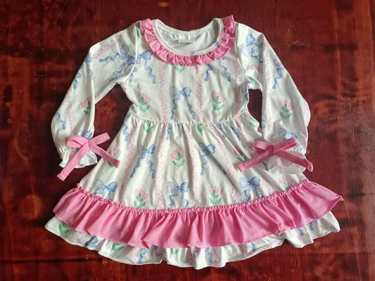 Custom moq 3 eta 6-7weeks Blue bow print and pink flower wavy line long sleeve dress