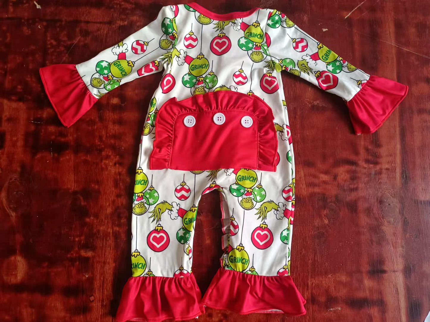 Custom moq 3 eta 6-7weeks Green light bulb pattern red long trumpet sleeve romper