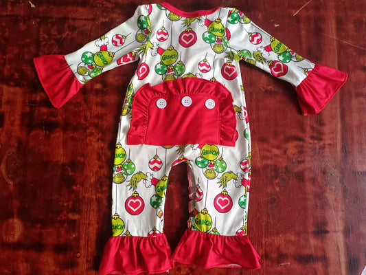 Custom moq 3 eta 6-7weeks Green light bulb pattern red long trumpet sleeve romper
