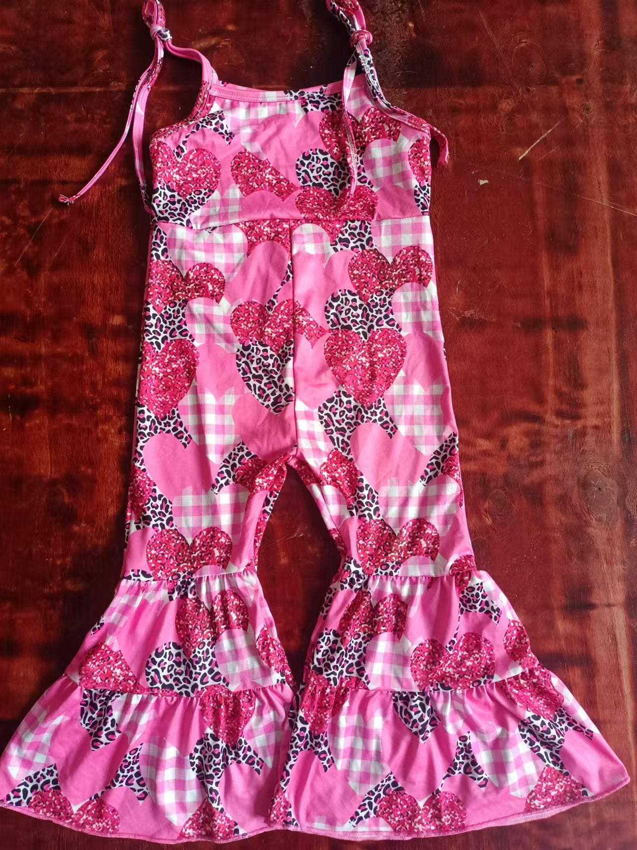 Custom moq 3 eta 6-7weeks Pink leopard heart pattern children's flared overalls