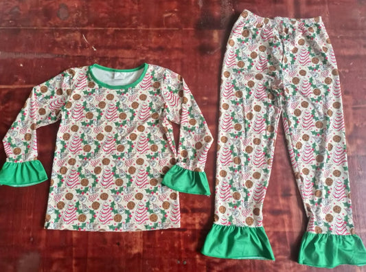 Custom moq 3 eta 6-7weeks Wooden Stripe Christmas Tree-Cookie Pattern Green Bell Sleeve Long Sleeve Suit