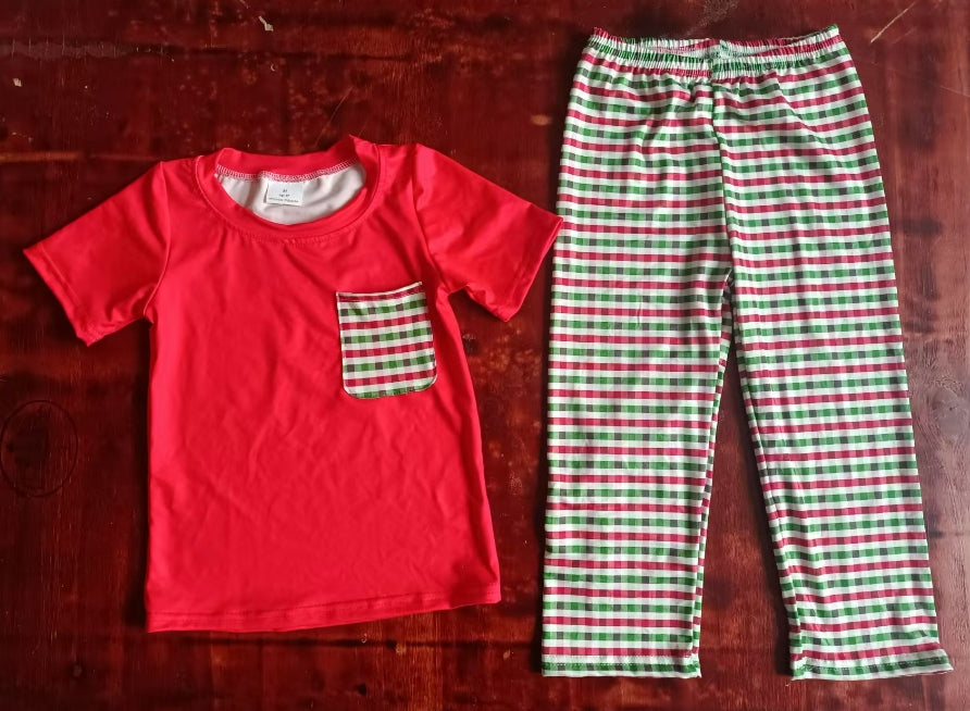 Custom moq 3 eta 6-7weeks Red Pocket Short Sleeve Top & Red and Green Small Check Pants Set