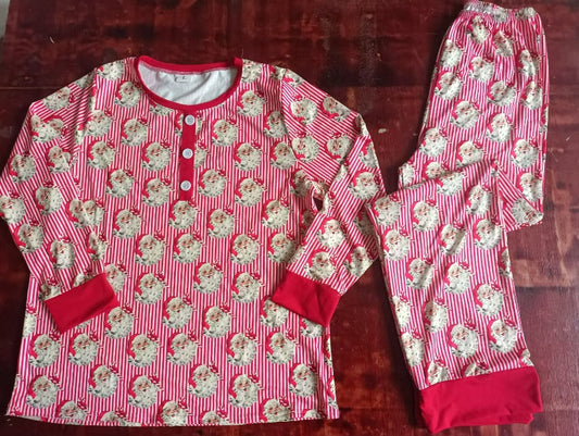 Custom moq 3 eta 6-7weeks Red Striped Santa Claus Pattern Button Pullover Adult Long Sleeve Pajama Set